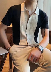 Formal Peter Pan Collar Patchwork Knit Polo Shirt Men Casual Clothing Summer