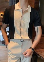 Formal Peter Pan Collar Patchwork Knit Polo Shirt Men Casual Clothing Summer