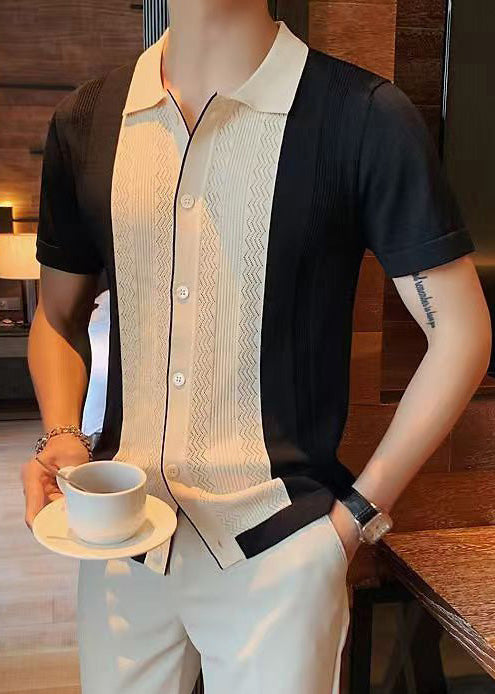 Formal Peter Pan Collar Patchwork Knit Polo Shirt Men Casual Clothing Summer