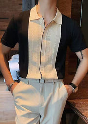 Formal Peter Pan Collar Patchwork Knit Polo Shirt Men Casual Clothing Summer