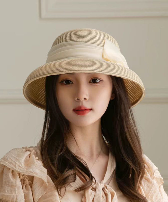 French Apricot Bow Straw Woven Bucket Hat