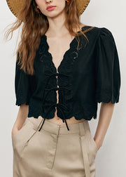French Apricot Embroidered Lace Up Puff Sleeve Cotton Top