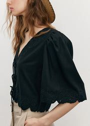 French Apricot Embroidered Lace Up Puff Sleeve Cotton Top