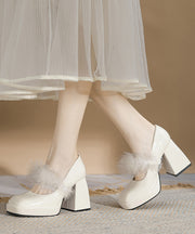 French Apricot Faux Fur Splicing Chunky Heel Fuzzy Wool Lined