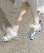 French Apricot Faux Fur Splicing Chunky Heel Fuzzy Wool Lined