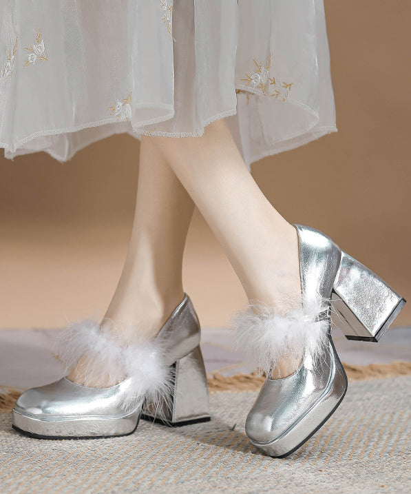 French Apricot Faux Fur Splicing Chunky Heel Fuzzy Wool Lined