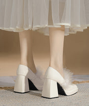 French Apricot Faux Fur Splicing Chunky Heel Fuzzy Wool Lined