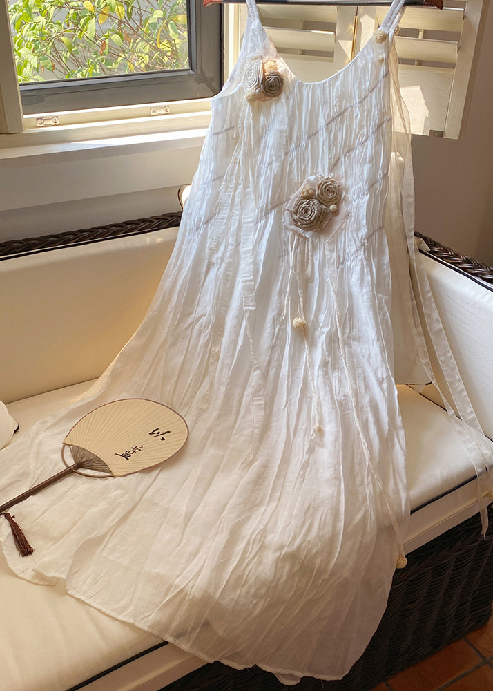 French Apricot Floral Decorated Pleated Dress For Summer 2025
