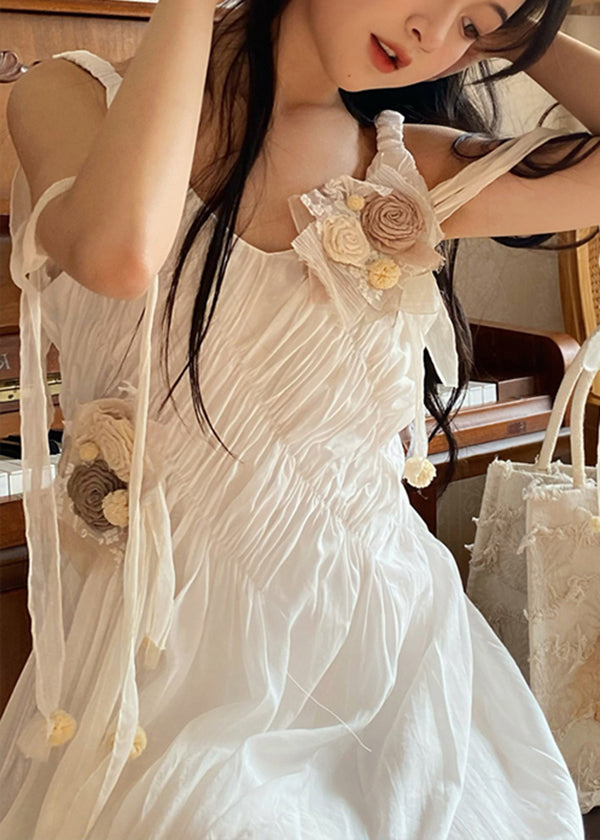 French Apricot Floral Decorated Pleated Dress For Summer 2025