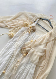 French Apricot Floral Decorated Pleated Dress For Summer 2025