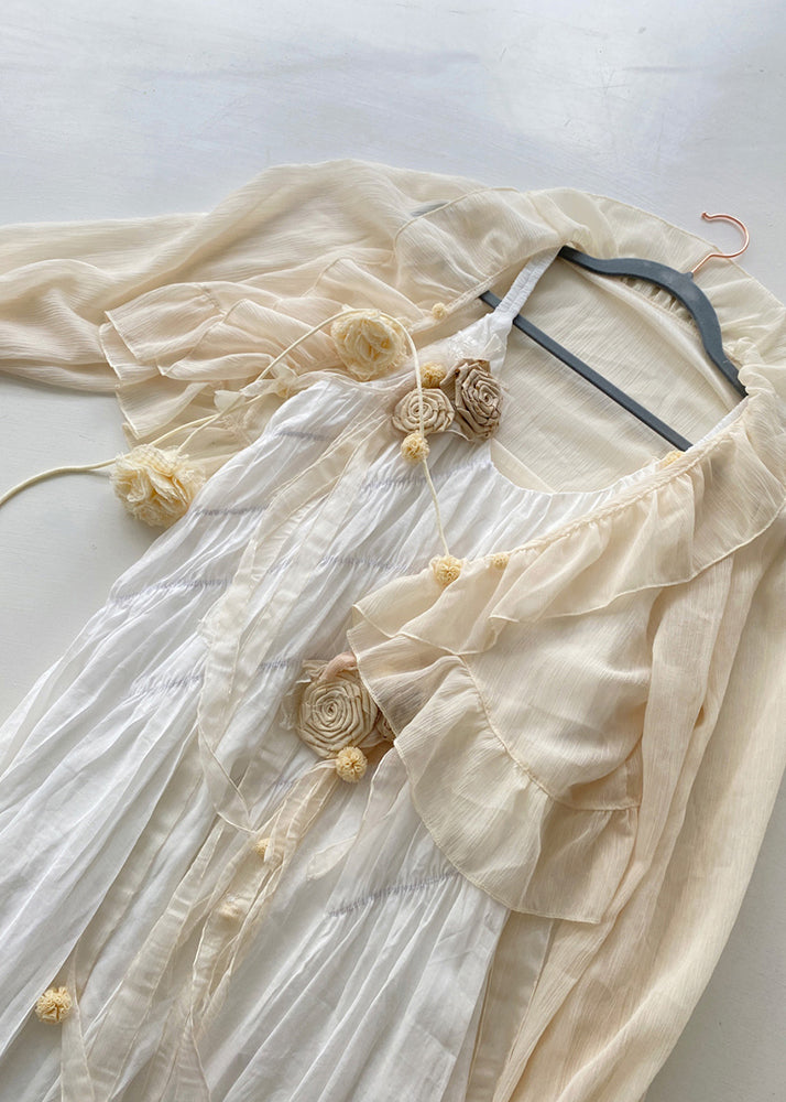 French Apricot Floral Decorated Pleated Dress For Summer 2025
