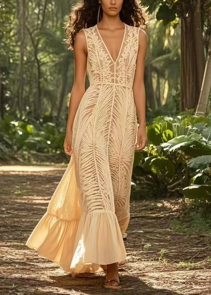 French Apricot Hollow Out Tulle Party Dress Sleeveless