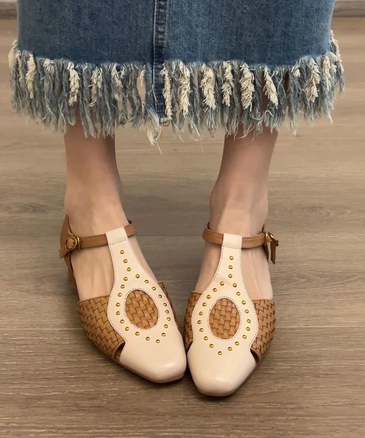 French Apricot Hollow Out Woven Square Head Rivet Sandals