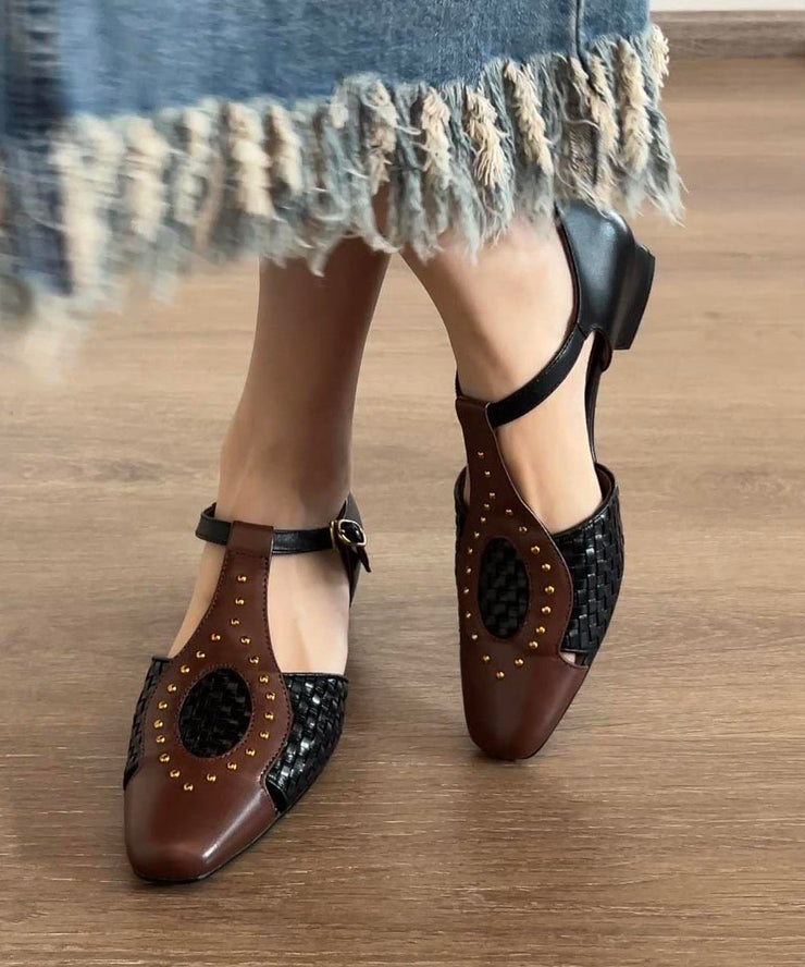 French Apricot Hollow Out Woven Square Head Rivet Sandals