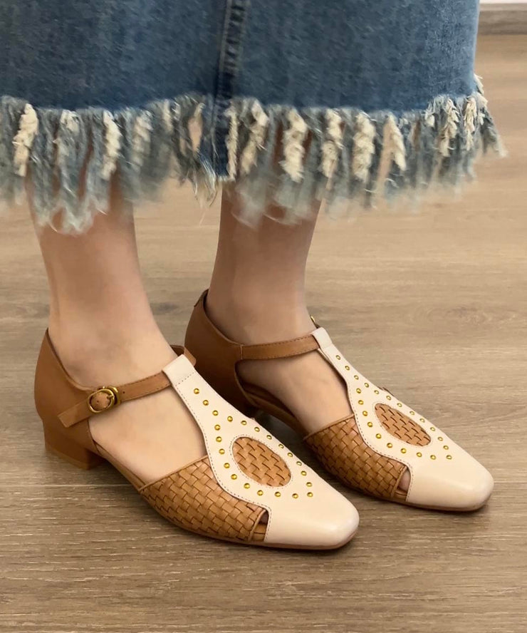 French Apricot Hollow Out Woven Square Head Rivet Sandals
