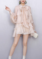 French Apricot Layered Ruffled Comfortable Fabric Silk Bow Blouse
