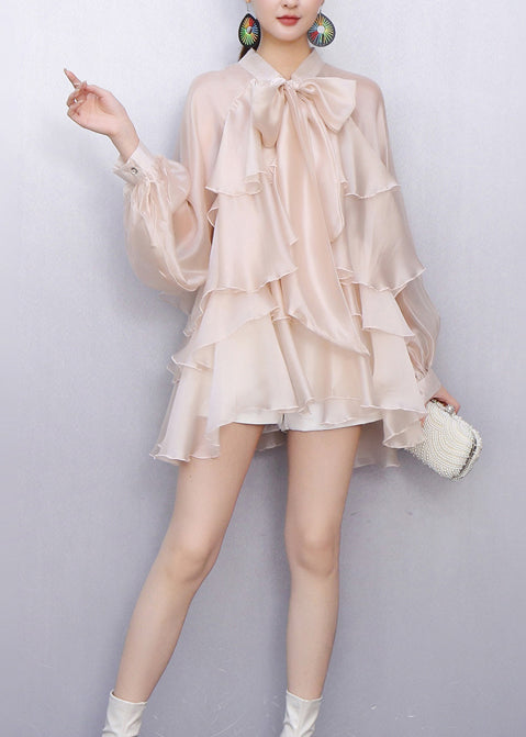 French Apricot Layered Ruffled Comfortable Fabric Silk Bow Blouse