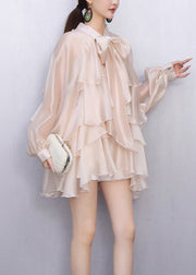French Apricot Layered Ruffled Comfortable Fabric Silk Bow Blouse