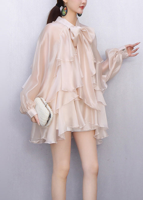 French Apricot Layered Ruffled Comfortable Fabric Silk Bow Blouse