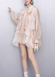 French Apricot Layered Ruffled Comfortable Fabric Silk Bow Blouse