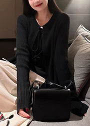 French Apricot O Neck Lace Up Knit Cardigans Fall