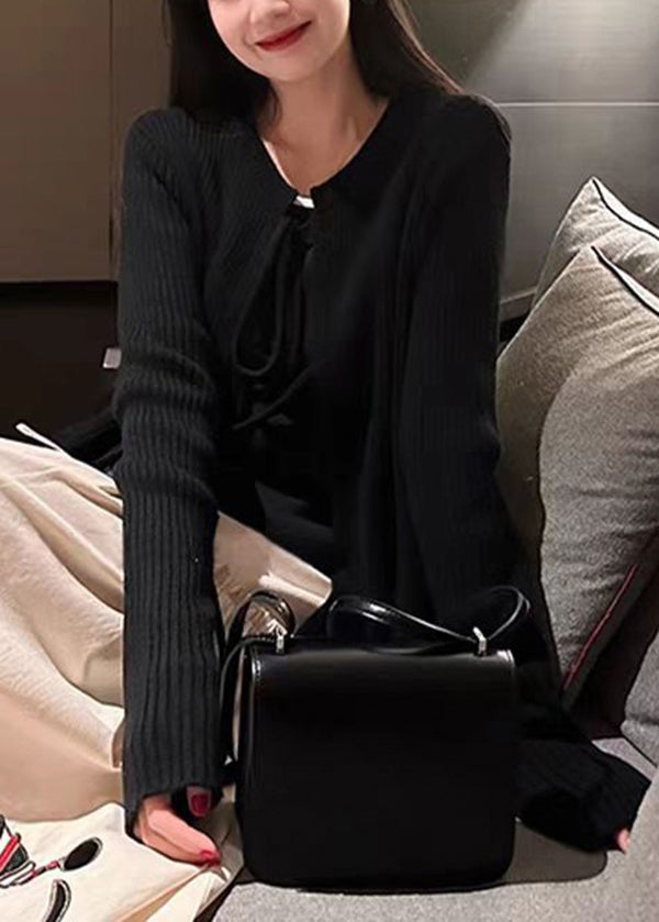 French Apricot O Neck Lace Up Knit Cardigans Fall