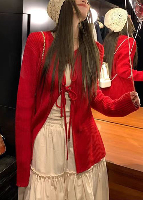 French Apricot O Neck Lace Up Knit Cardigans Fall