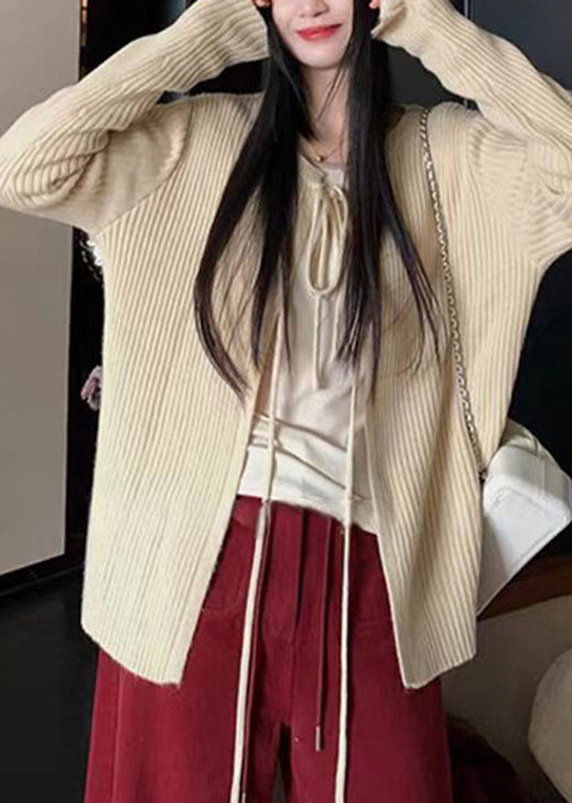 French Apricot O Neck Lace Up Knit Cardigans Fall