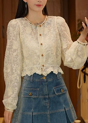 French Apricot O-Neck Nail Bead Lace Shirt Top Fall