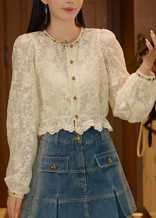 French Apricot O-Neck Nail Bead Lace Shirt Top Fall