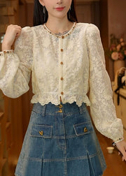 French Apricot O-Neck Nail Bead Lace Shirt Top Fall