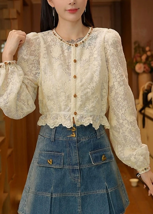 French Apricot O-Neck Nail Bead Lace Shirt Top Fall