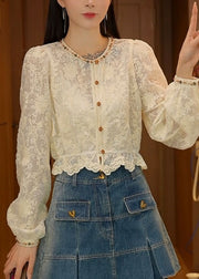 French Apricot O-Neck Nail Bead Lace Shirt Top Fall