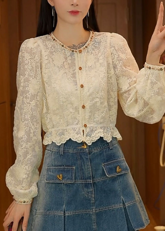 French Apricot O-Neck Nail Bead Lace Shirt Top Fall