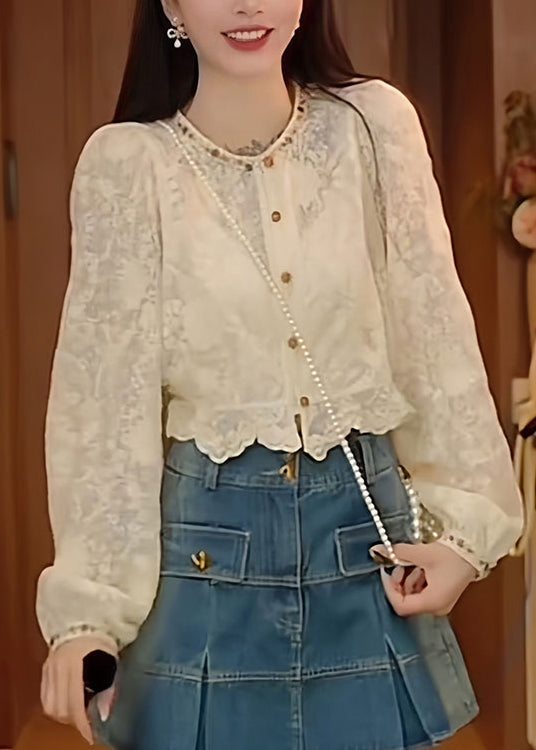 French Apricot O-Neck Nail Bead Lace Shirt Top Fall