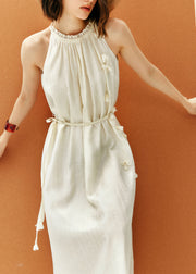 French Apricot Ruffled Floral Lace Up Cotton Dresses Sleeveless