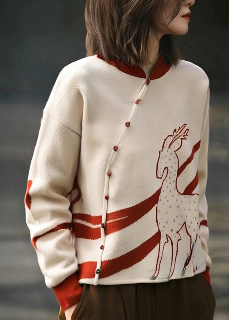 French Apricot Stand Collar Print Cotton Knit Sweate Fall