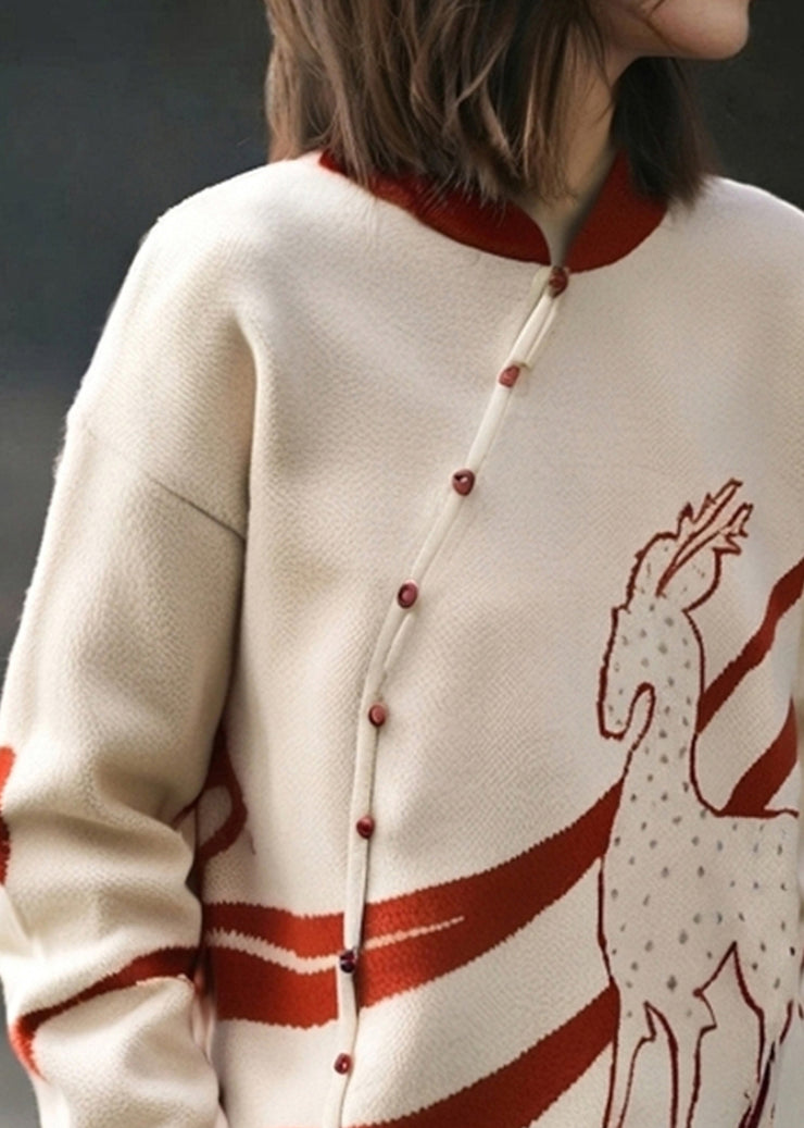 French Apricot Stand Collar Print Cotton Knit Sweate Fall