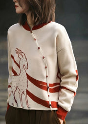 French Apricot Stand Collar Print Cotton Knit Sweate Fall