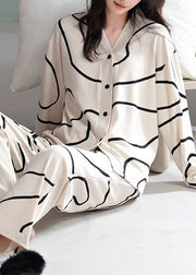 French Apricot Striped Button Cotton Pajamas Two Piece Set Fall