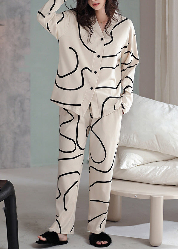French Apricot Striped Button Cotton Pajamas Two Piece Set Fall