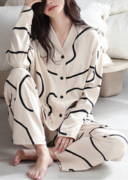 French Apricot Striped Button Cotton Pajamas Two Piece Set Fall