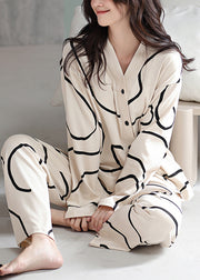 French Apricot Striped Button Cotton Pajamas Two Piece Set Fall