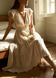 French Apricot V Neck Exra Large Hem Cotton Vacation Dresses Sleeveless