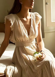 French Apricot V Neck Exra Large Hem Cotton Vacation Dresses Sleeveless