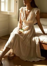 French Apricot V Neck Exra Large Hem Cotton Vacation Dresses Sleeveless