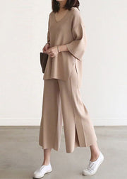 French Apricot V Neck Knit Top And Wide Leg Pants Two Pieces Set Spring
