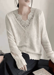 French Apricot V Neck Lace Patchwork Knit Tops Autumn