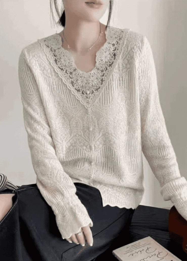 French Apricot V Neck Lace Patchwork Knit Tops Autumn