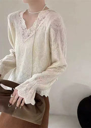 French Apricot V Neck Lace Patchwork Knit Tops Autumn